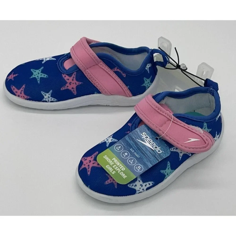 NWT Speedo Girls Kids Medium 7/8 Shore Explore Water Shoes Blue Pink White Stars